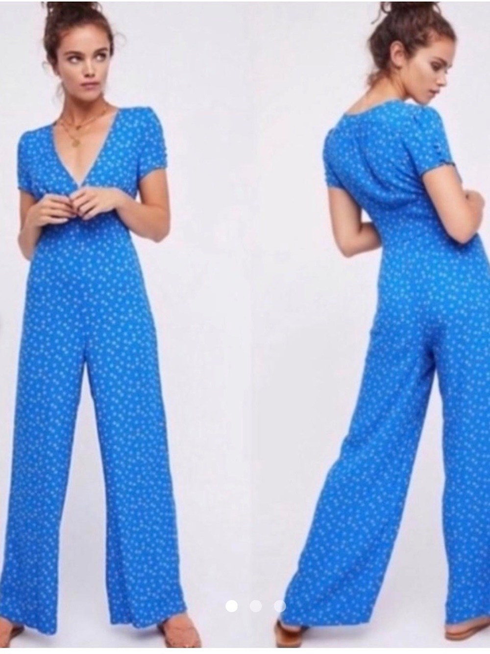 Free People Bright Blue Short-Sleeve Wide-Leg Jumpsuit Sz 2